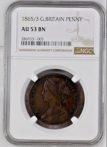 RARE 1865/3 PENNY Great Britain Victoria NGC AU53 BN.  #33