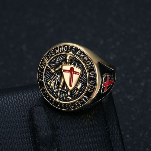 Men's Vintage Templar Knight Red Cross Shield Stainless Steel Rings Size 7-13 - Picture 4 of 10