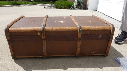 Antique Steamer Trunk Cunard Birch Wood Canvas? 21 lbs LOCAL PICK Escondido CA - Picture 9 of 16