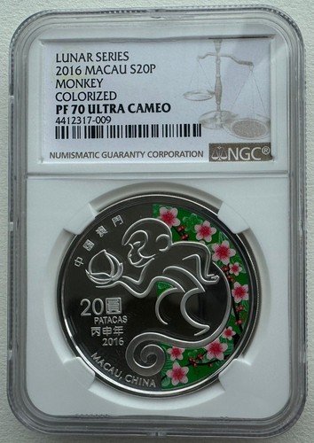 NGC PF70 China Macau 2016 Lunar Monkey Zodiac Silver Coin 1oz 20 Patacas COA