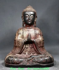 15''Old Tibetan Bronze Gilt Shakyamuni Sakyamuni Amitabha Buddha Robe Statue