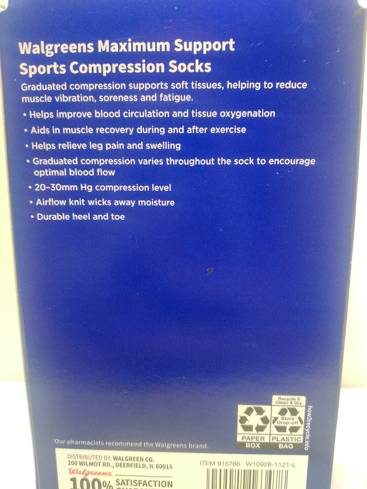 Walgreens Sports Compression Socks Max Support Size Medium One Pair for