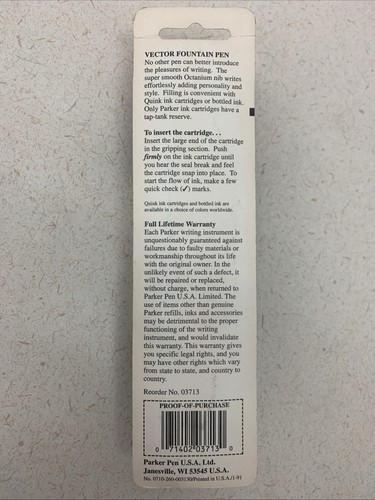 Vintage Parker Vector Fountain Pen Fine Point Blue Washable Ink NEW SEALED! - Afbeelding 2 van 3