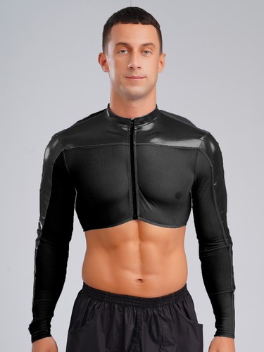 Men's Shiny Metallic Patchwork Mesh Crop Top Long Sleeve Half Shirts Club Party - Picture 21 of 75