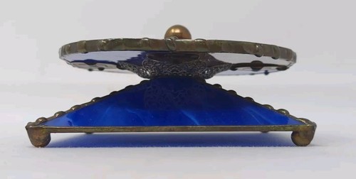 Signed Potichomania Art Glass Royal Blue Dreidel With Stand Leona Fein Judaica - Picture 2 of 9