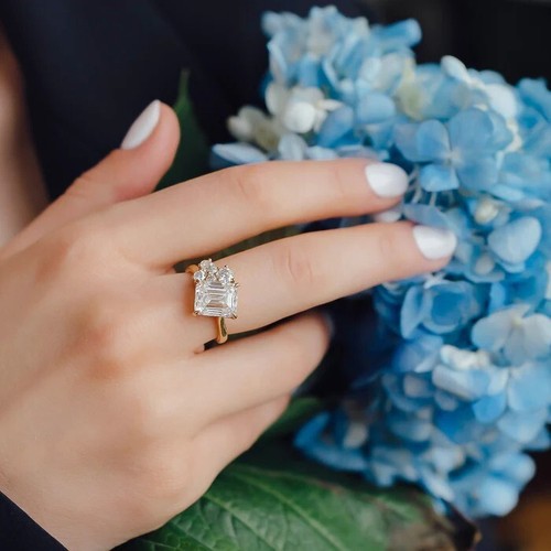 Dainty 1Ct Emerald Cut Moissanite Engagement Wedding Ring 14K Solid Yellow Gold - Picture 2 of 9
