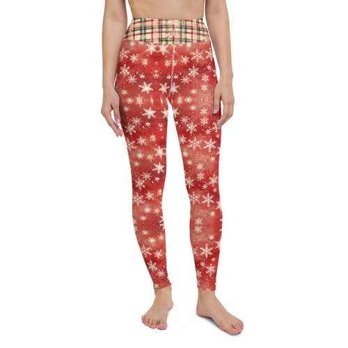 Christmas Snowflakes Leggings - Holiday Red Green White Plaid Cozy Yoga Pants - Picture 10 of 17