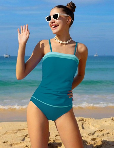 Girls Swimsuits Size 10-12 Quick Dry Tankini Swimsuit Color Block Bathing Sui... - Picture 3 of 7