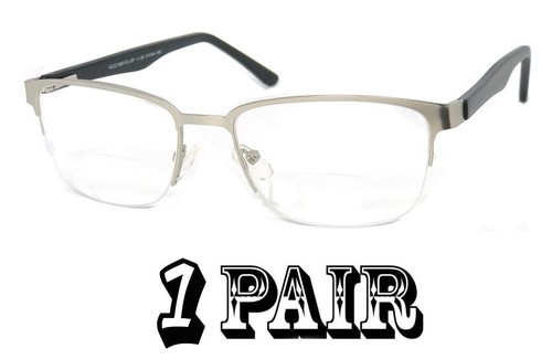 Metal Frame Semi Rimless Square Bifocal Reading Glasses Spring Hinges Temples - Picture 10 of 25
