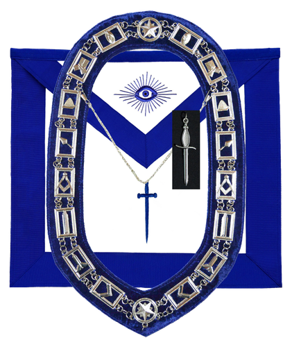 MASONIC BLUE LODGE OFFICER TYLER APRON SILVER CHAIN COLLAR AND JEWEL - Picture 1 of 3