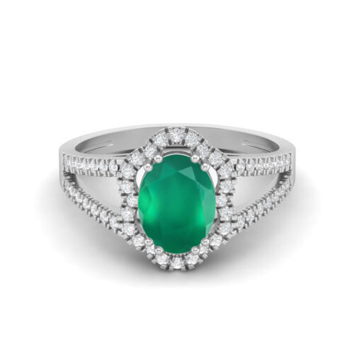 7x5MM Oval Shape Green Onyx 14k White Gold Split Shank Halo Women Wedding Ring - Picture 1 of 6