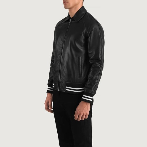 Walton Men's Black Leather Varsity Jacket Bomber Style Retro College Coat - Picture 3 of 6