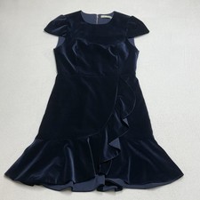 Alice + Olivia Enid Velvet Dress Women’s Small Ruffled Front Fit Flare Navy Blue