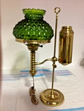 Antique ~ Brass Student Lamp with Green Quilted Diamond Shade  Electrified #4758