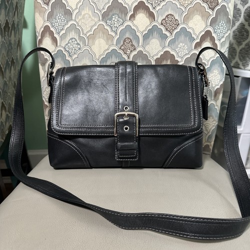 COACH Hampton Black Leather Bag Flap Buckle Snap Shoulder Crossbody F11196