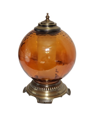 Vintage Hurricane Lamp Mid Century Round Globe Ball Night Light Amber 13" Tall - Picture 3 of 10