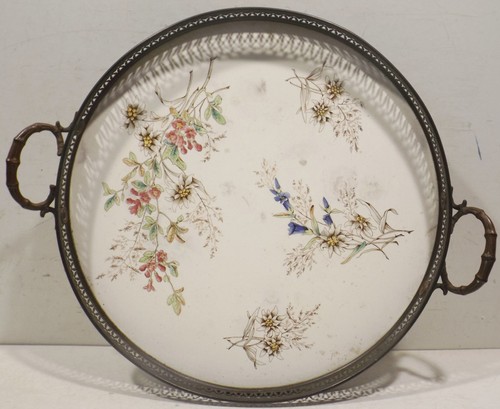 Antike Servierplatte Tablet um 1900 Jugendstil Keramik mit Metall Montur Dm.37cm - Bild 4 von 9