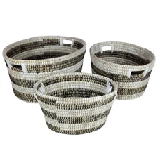 Natural Canes Grass Baskets Stackable Storage Bins Set of 3 with Hollowed Handle