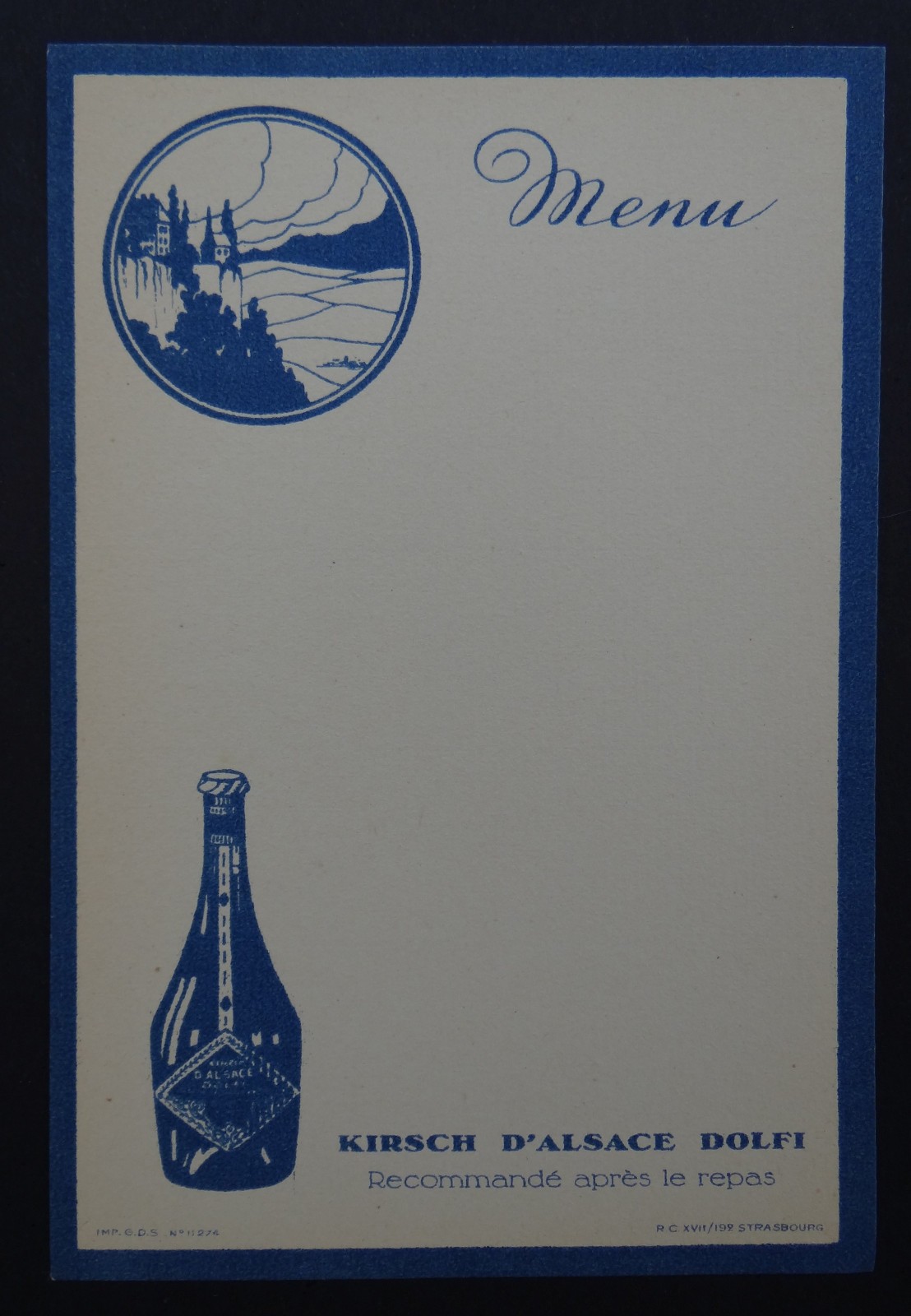 MENÚ DOLFI KIRSCH licor licor ALSACIA virgen tarjeta francesa restaurante...