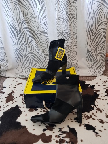 Buffalo Boots Black Real Leather Suede Patchwork Y2K 2000s Size 7 New Boxed - Picture 1 of 14