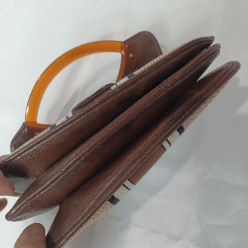 Pochette vintage tela righe MCM Hong Kong beige marrone nero bianco plastica pieghevole superiore - Foto 8 di 8