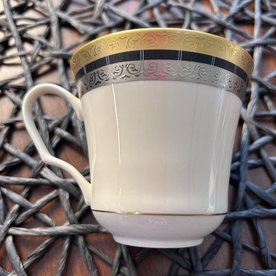 Pickard Corinthian Hand Decorated China Cup & Saucer, White Gold Silver Black