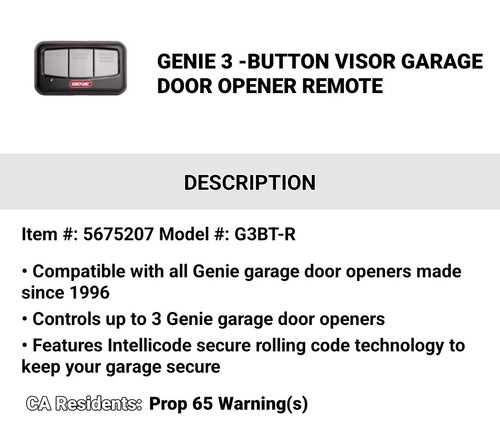 Genie 3 Tasten Fernbedienung Visier Garagentoröffner G3BT-R 3072 - Bild 4 von 7