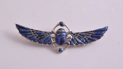 Ägyptischer Skarabäus Sterlingsilber Brosche, Revival, Lapislazuli Intarsien