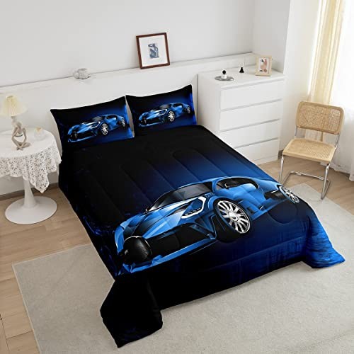 Sports Car Comforter Race Car Comforter Set for Kids Boys Girls Queen Blue - Picture 7 of 7