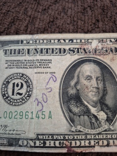 1928 100$ Dollar Federal Reserve Note Low Serial L (San Francisco) Block! - Picture 2 of 4