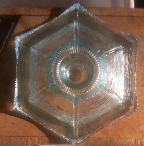 One Vintage LE Smith Ice Blue Glass Candle Holder Oriental Garden Hexagon Pagoda - Picture 4 of 8