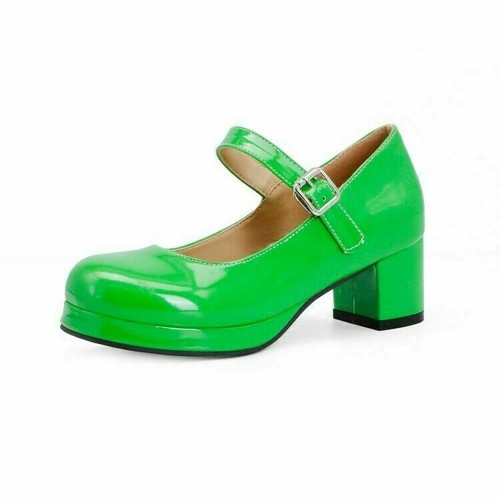 Lolita Womens Chunky Heels Round Toe Mary Jane Patent Leather Ankle Strap Pumps - Picture 21 of 23