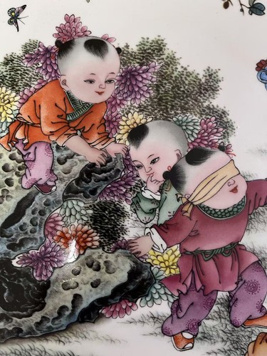 Large Chinese Old Hand Painting Five Children Porcelain panel painting 事事如意 - Picture 3 of 11