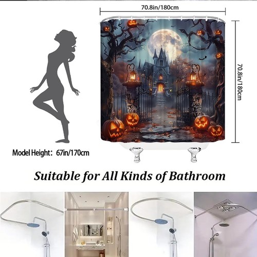 Cortina de Ducha Halloween Casa Embrujada Calabaza Linterna Espeluznante Luna Baño - Imagen 3 de 7