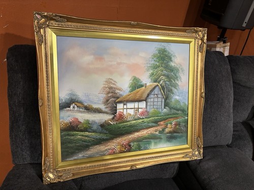 "Pintura al óleo vintage de paisaje de cabaña marco dorado firmada por T. Curtis 29X25""" - Imagen 11 de 19