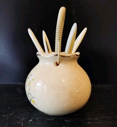 Vintage Ceramic Art Pottery Basket Floral Asian With 4 Cocktail Pics - Picture 4 of 9