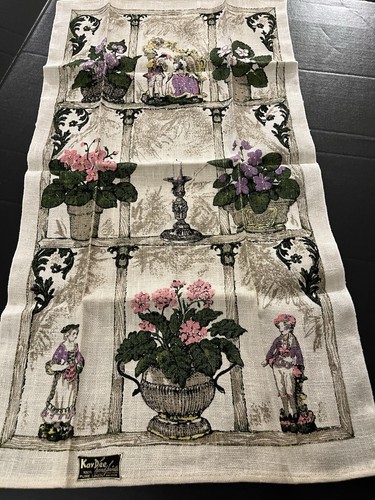Vintage Kay Dee 100 % Leinen Küchentuch rosa lila Toiletten-Design 30,5” x 17” Neu aus altem Lagerbestand