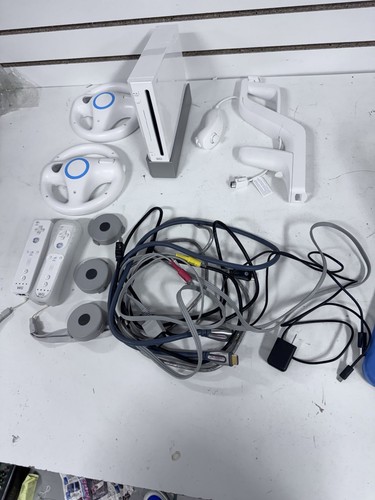 Nintendo Wii RVL-001 Console Bundle With 2 Controllers & Wheel Remote Tested BH