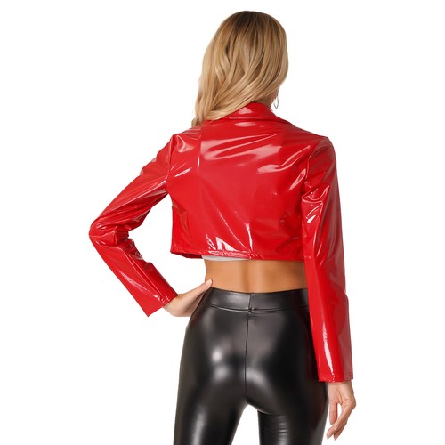Damen Ledermantel vorne offen bauchfreie Oberteile Motorjacke Revers kurze Oberbekleidung - Bild 11 von 48
