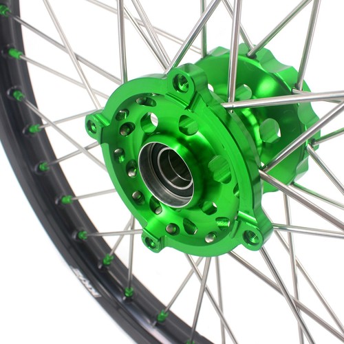 KKE 21/19 Wheels For Kawasaki KX125 KX250 2003-2005 Green Nuts Spokes Dirt Bike - Picture 8 of 12