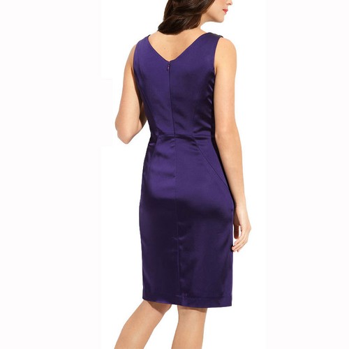 Gathered V-Neck Stretch Satin Formal Cocktail Evening Party Day Dress Purple - Picture 2 of 3