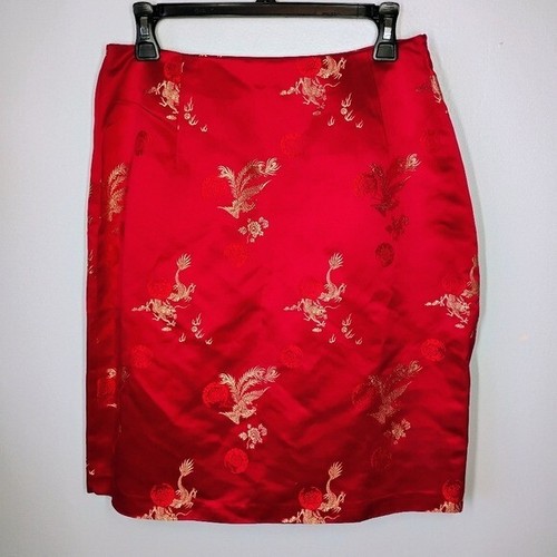 Vintage Max Studio Oriental Silk Skirt Womens Large Red Chinese Dragon Art Y2K