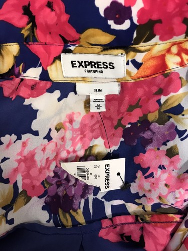 Express Portofino M Top Slim Fit Floral Lite Wgt Button Up Shirt Long Slvs V Cut - Picture 12 of 12