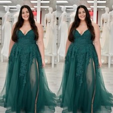 Green Gothic Wedding Dresses with Slit Lace Appliques A Line Bridal Gown