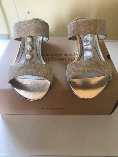 Hochzeit Braut Perlen Schuhe Größe 5 Schuh Express niedriger Keilabsatz matt gold UVP 55£ - Bild 5 von 14