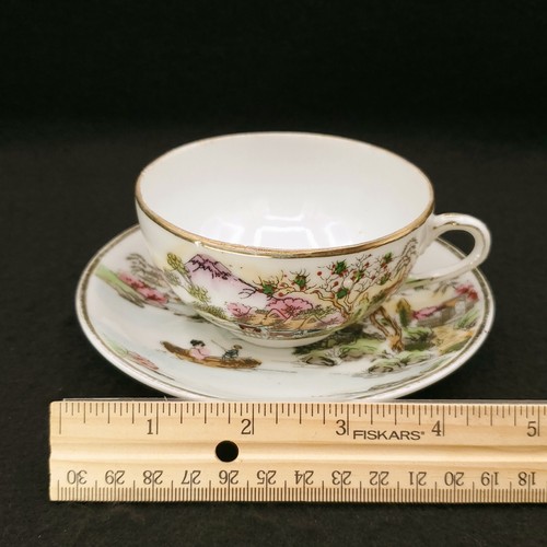 Antique Hand Painted Mt. Fuji Spring Scenery Porcelain Cup & Saucer Japan - Picture 3 of 15