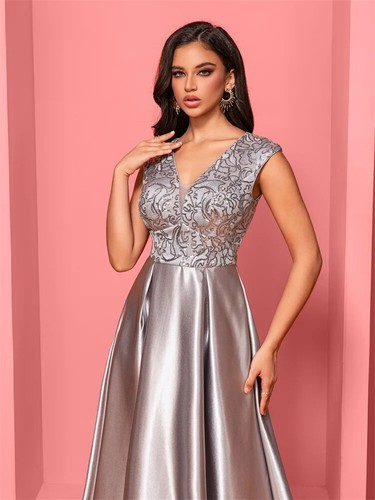 Vestido de noche de satén gris de lujo con cuello en V para mujer vestidos de satén para fiesta de graduación - Imagen 8 de 9
