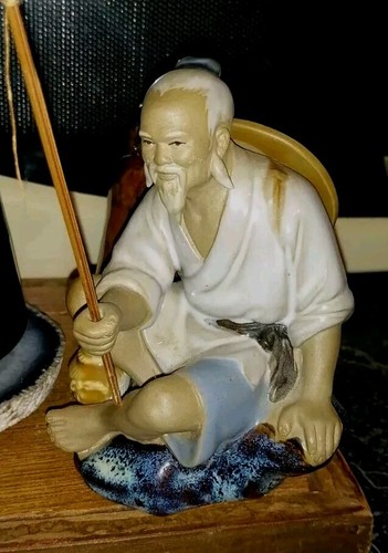 Vtg Chinese Shiwan Ceramic Mudman Fisherman Stamped Figurine With Original Pole  - Picture 1 of 3