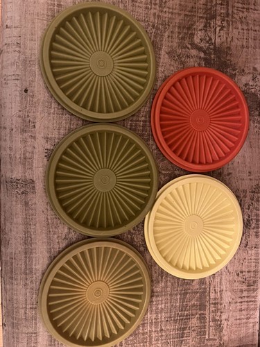 5 Vintage Tupperware Servalier Bowl 886 1323 Starburst Lids Orange Yellow Green - Picture 6 of 6