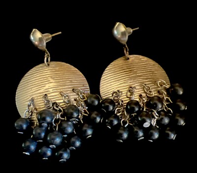 Vintage Silver Tone Cluster Bead ''Cha Cha'' Disk Dangle Drop Stud Earrings 2 1/4 